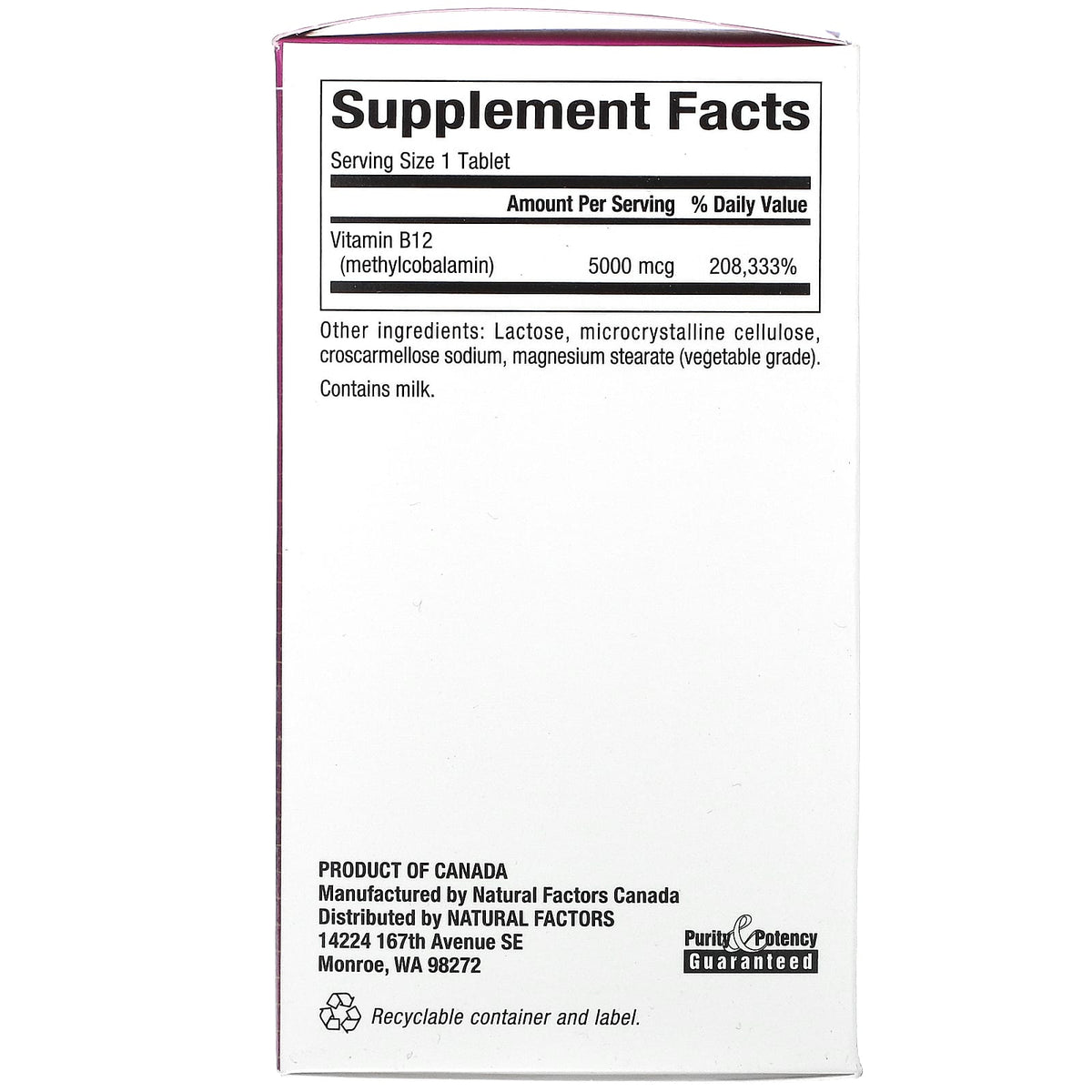 Natural Factors, B12, Methylcobalamin, 5,000 mcg, 60 Chewables UPC 068958012476 | Hilife Vitamins