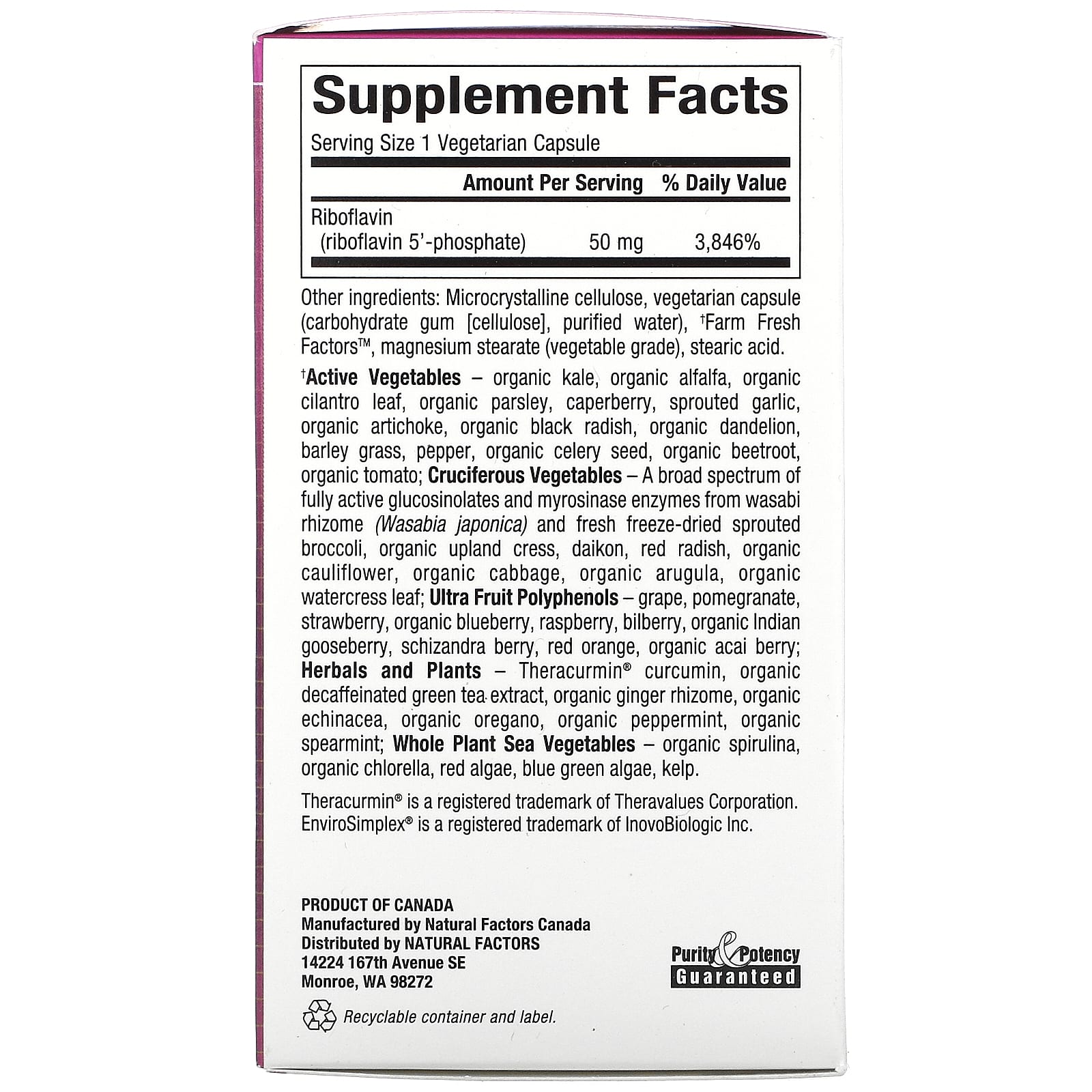 Natural Factors, Biocoenzymated Riboflavin 5'-Phosphate 50 mg, 30 Vegetarian Capsules UPC 068958012490 | Hilife Vitamins