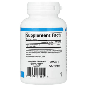 Natural Factors, Vitamin K2, 120 mcg, 60 Vegetarian Capsules UPC 068958012940 | Hilife Vitamins
