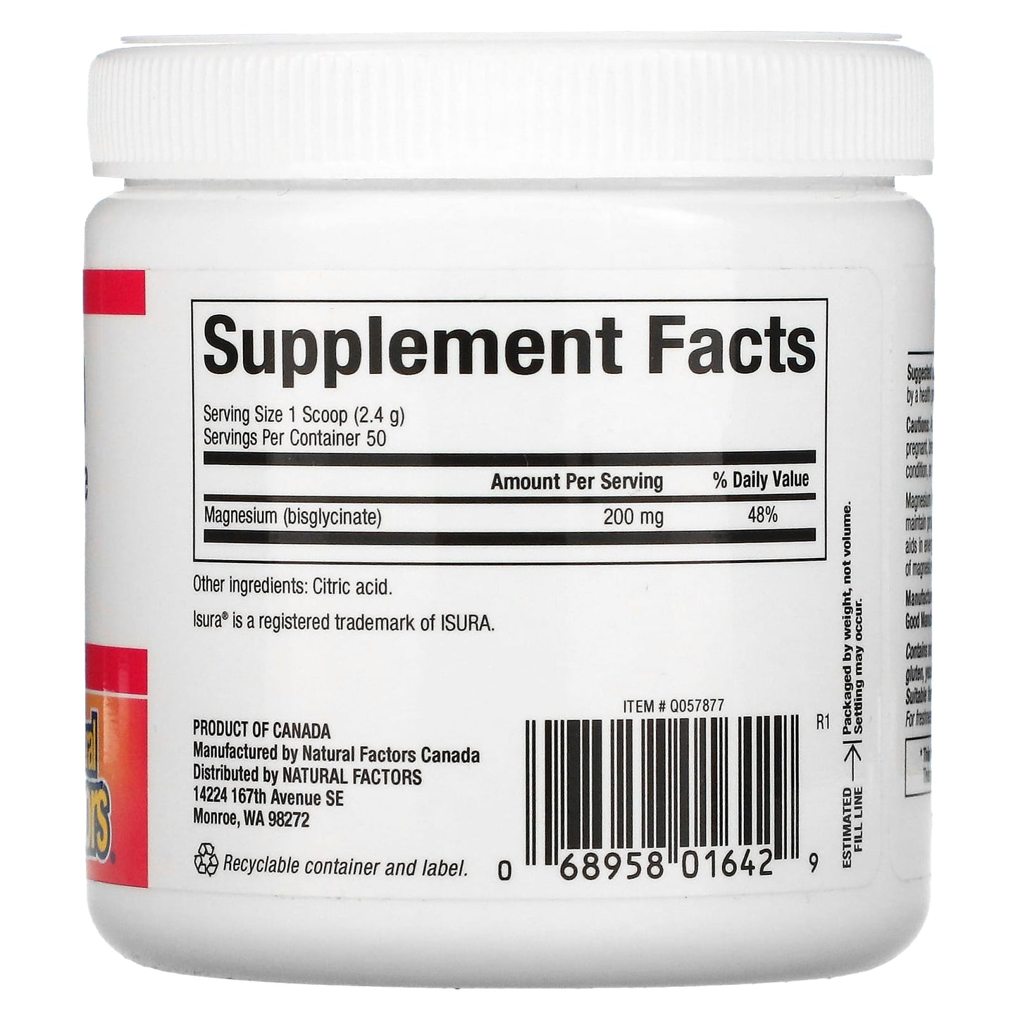 Natural Factors, Magnesium Bisglycinate, Pure, 200 mg, 4.2 oz (120 g) UPC 068958016429 | Hilife Vitamins