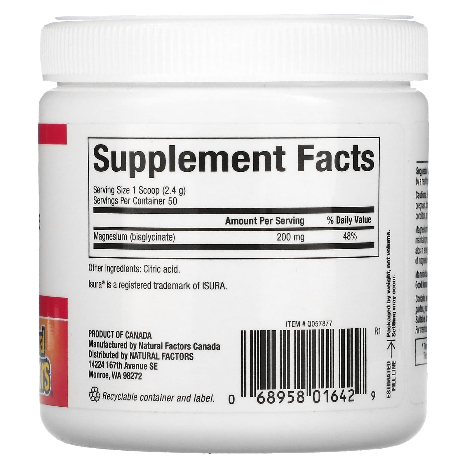 Natural Factors, Magnesium Bisglycinate, Pure, 200 mg, 4.2 oz (120 g) UPC 068958016429 | Hilife Vitamins