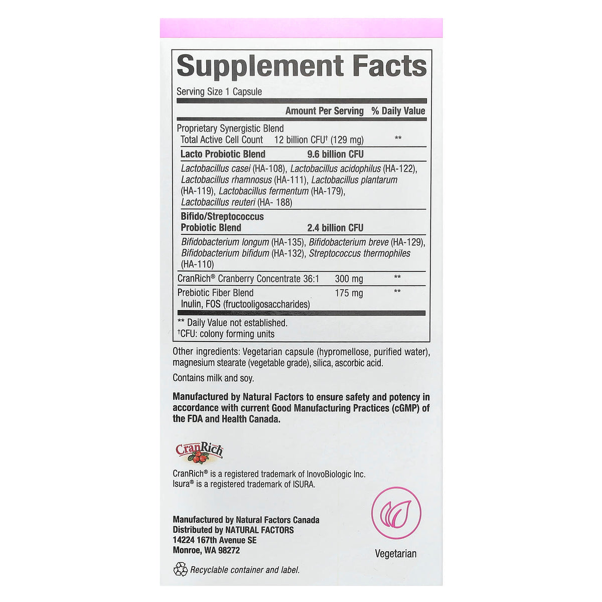 Natural Factors, Ultimate Probiotic Women's Every Day, 12 Billion, 60 Vegetarian Capsules UPC 068958018492 | Hilife Vitamins