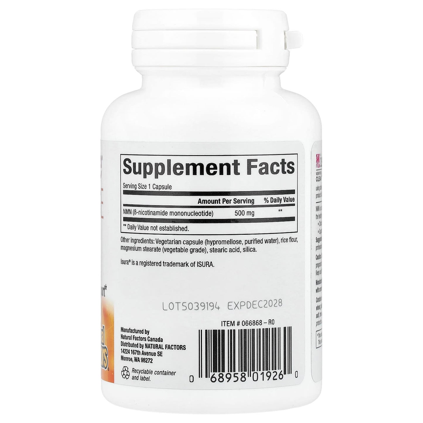 Natural Factors, RegenerLife®, NMN Surge, 500 mg, 30 Vegetarian Capsules UPC 068958019260 | Hilife Vitamins