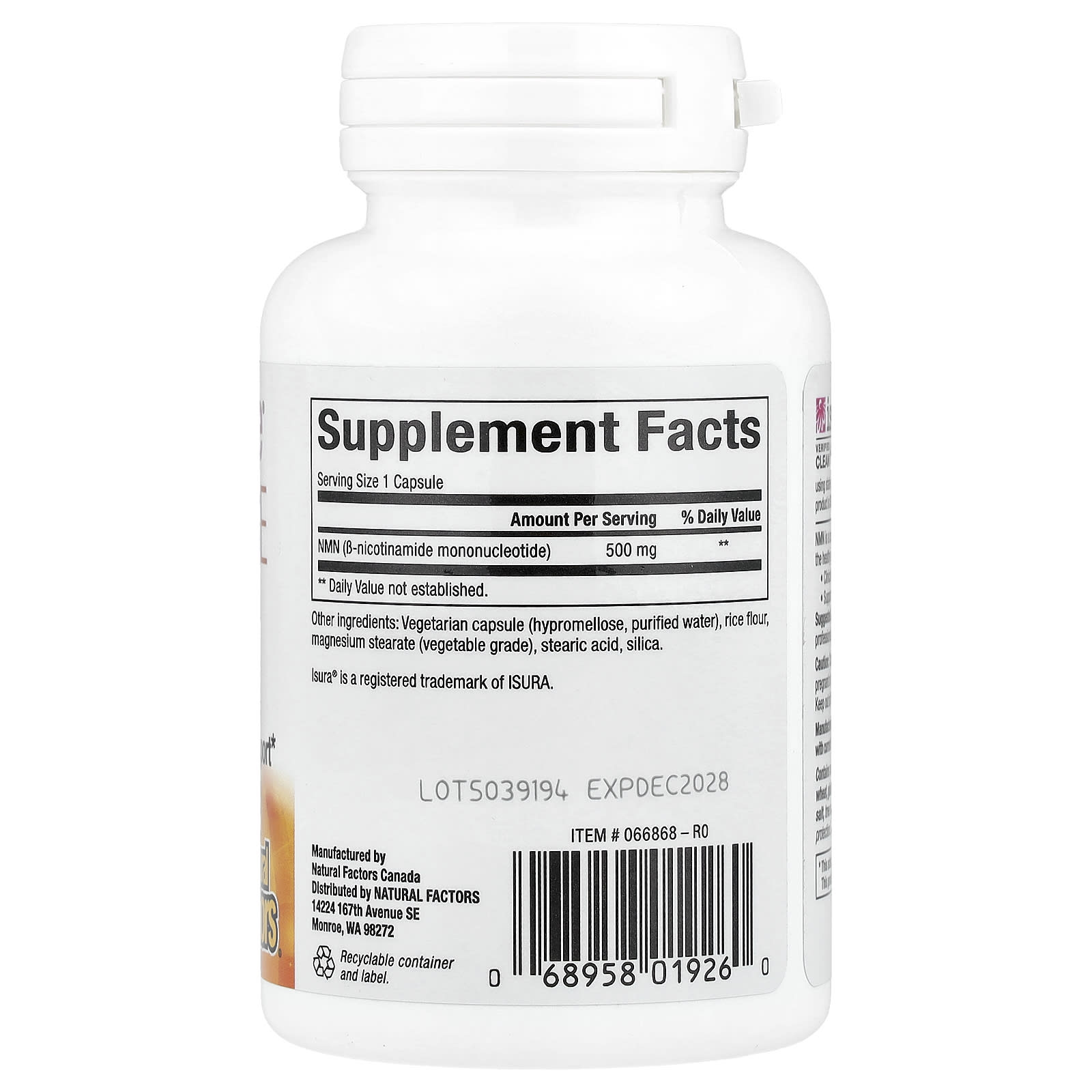 Natural Factors, RegenerLife®, NMN Surge, 500 mg, 30 Vegetarian Capsules UPC 068958019260 | Hilife Vitamins
