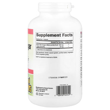 Natural Factors, Fermented Apple Cider Vinegar, 500 mg, 360 Capsules UPC 068958020549 | Hilife Vitamins