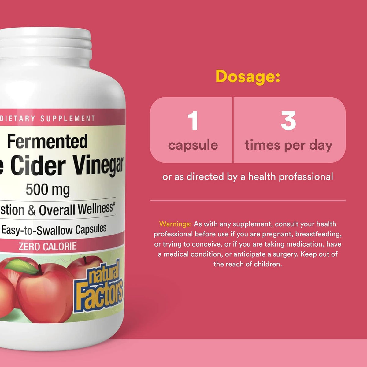 Natural Factors, Fermented Apple Cider Vinegar, 500 mg, 360 Capsules UPC 068958020549 | Hilife Vitamins