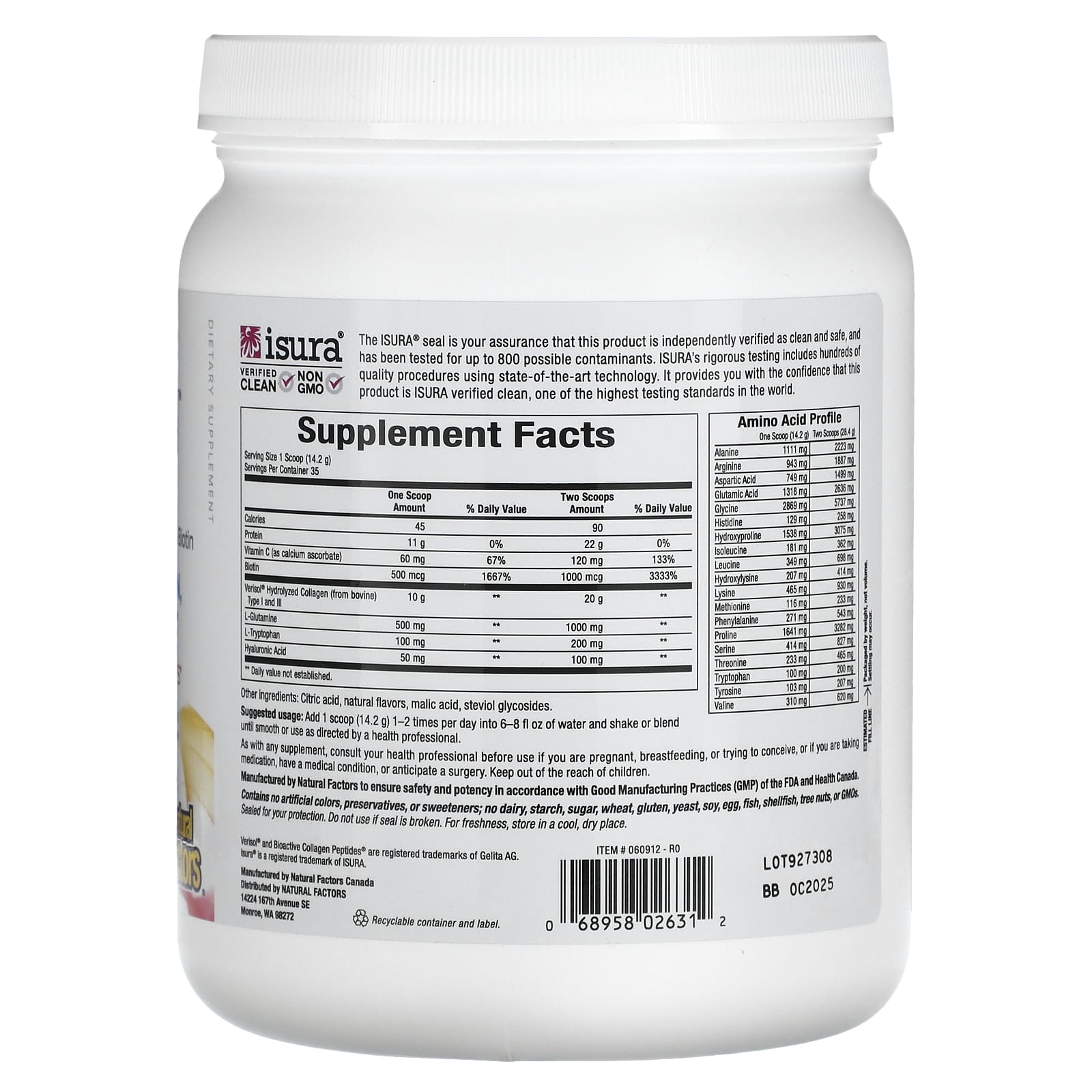 Natural Factors, Total Body Collagen™, Bioactive Peptides, Orange, 500 Grams UPC 068958026312 | Hilife Vitamins
