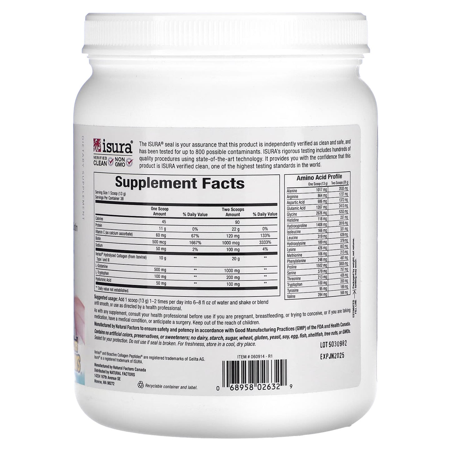 Natural Factors, Total Body Collagen™, Bioactive Peptides,Unflavored,, 500 Grams UPC 068958026329 | Hilife Vitamins