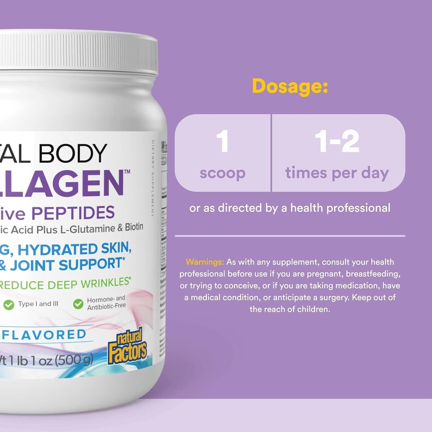 Natural Factors, Total Body Collagen™, Bioactive Peptides,Unflavored,, 500 Grams UPC 068958026329 | Hilife Vitamins