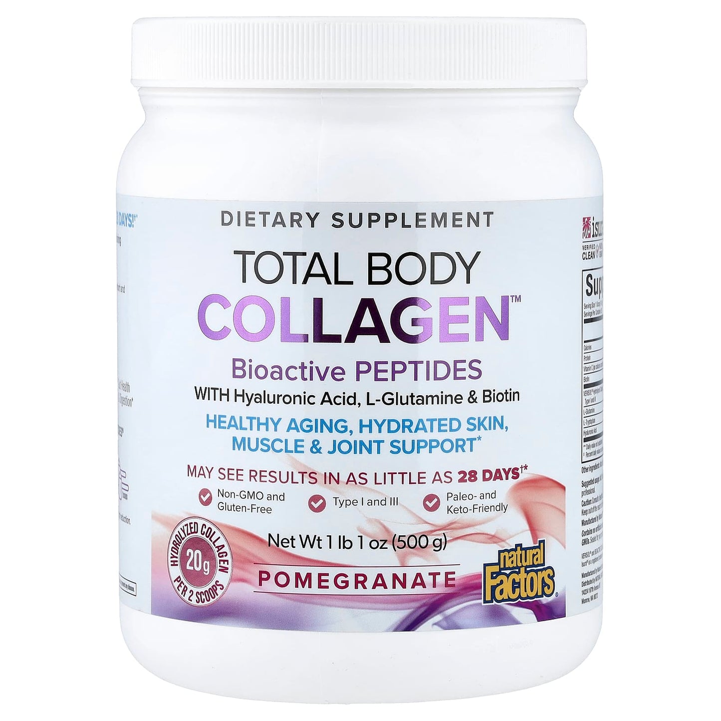 Natural Factors, Total Body Collagen™, Bioactive Peptides, Pomegranate, 1 lb 1 oz (500 g) UPC 068958026350 | Hilife Vitamins