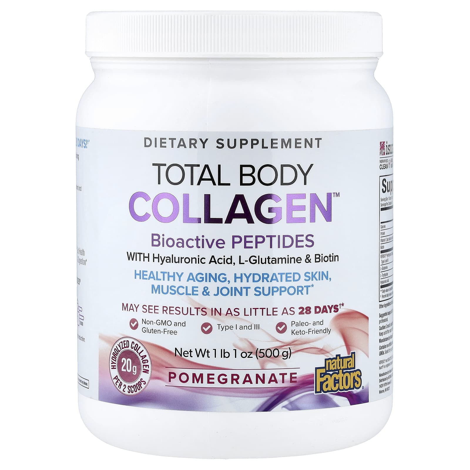 Natural Factors, Total Body Collagen™, Bioactive Peptides, Pomegranate, 1 lb 1 oz (500 g) UPC 068958026350 | Hilife Vitamins