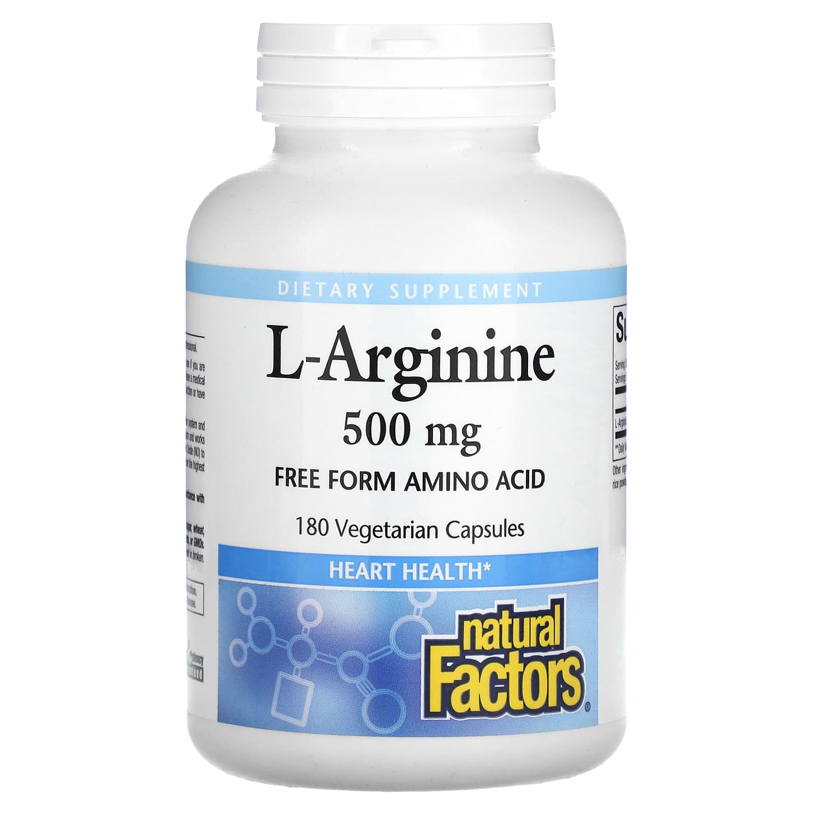Natural Factors, L-Arginine, 500 mg, 180 Vegetarian Capsules UPC 068958028088 | Hilife Vitamins