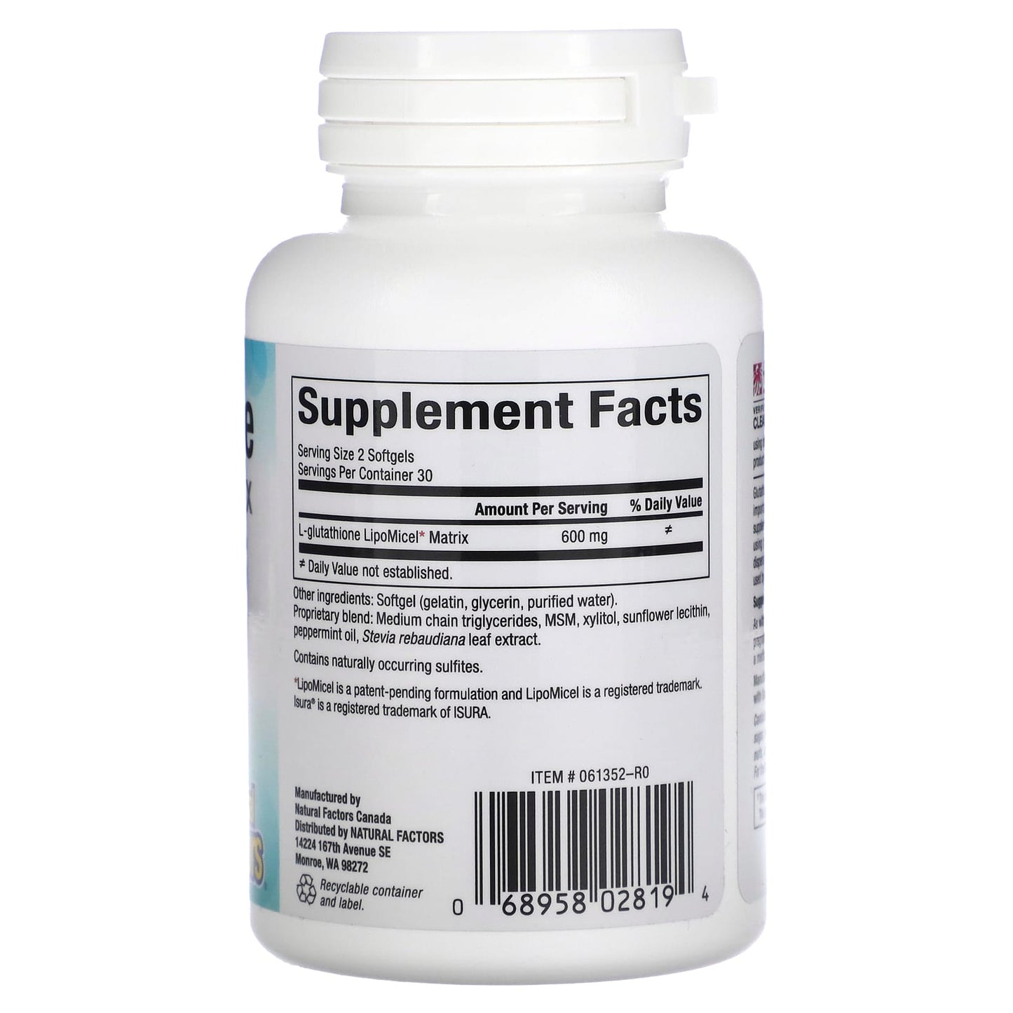 Natural Factors, Glutathione LipoMicel Matrix, 300 mg, 60 Softgels UPC 068958028194 | Hilife Vitamins