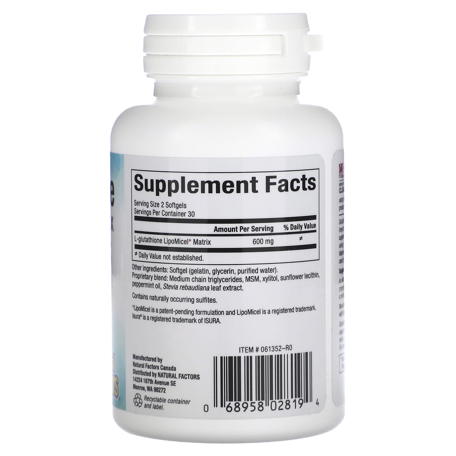 Natural Factors, Glutathione LipoMicel Matrix, 300 mg, 60 Softgels UPC 068958028194 | Hilife Vitamins