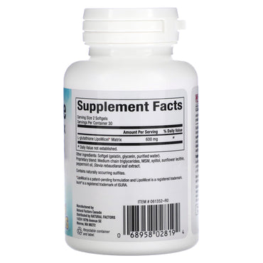 Natural Factors, Glutathione LipoMicel Matrix, 300 mg, 60 Softgels UPC 068958028194 | Hilife Vitamins