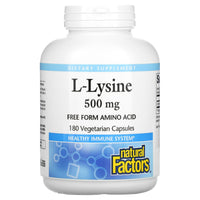 Natural Factors, L-Lysine, 500 mg, 180 Vegetarian Capsules UPC 068958028248 | Hilife Vitamins