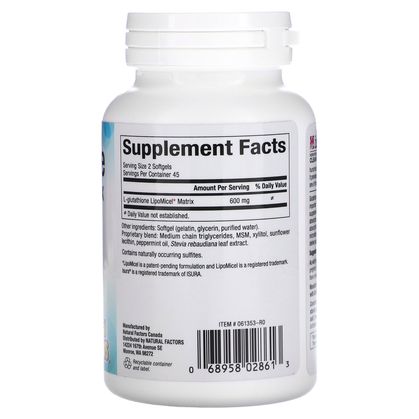 Natural Factors, Glutathione Lipomicel Matrix, 90 Softgels UPC 068958028613 | Hilife Vitamins