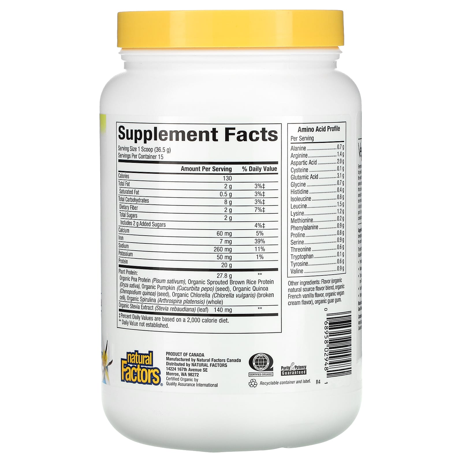 Natural Factors, Raw Organic 100% Plant-Based Protein, F, 19.22 Oz Powder UPC 068958029481 | Hilife Vitamins