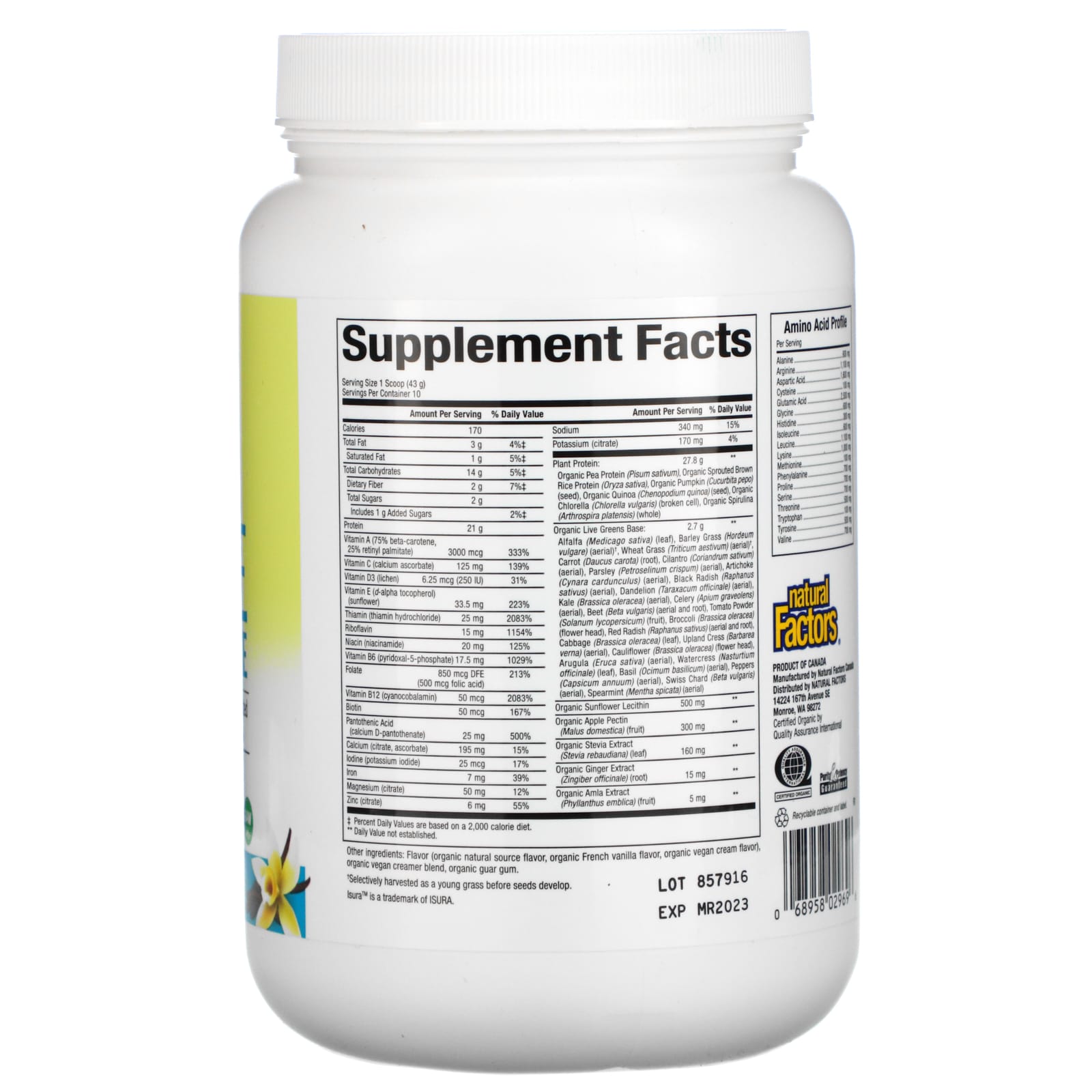 Natural Factors, VegiDay, Vegan Organic All In One Nutri, 15.2 Oz UPC 068958029696 | Hilife Vitamins