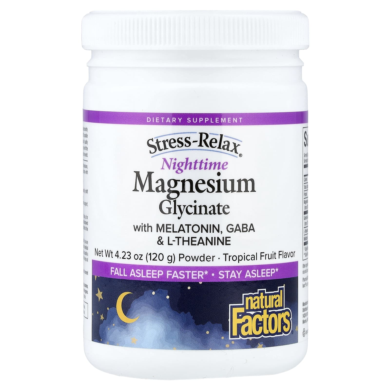 Natural Factors, Stress-Relax, Nighttime Magnesium Bisglycinate with Melatonin, Gaba & L-Theanine, Tropical Fruit, 4.23 oz (1