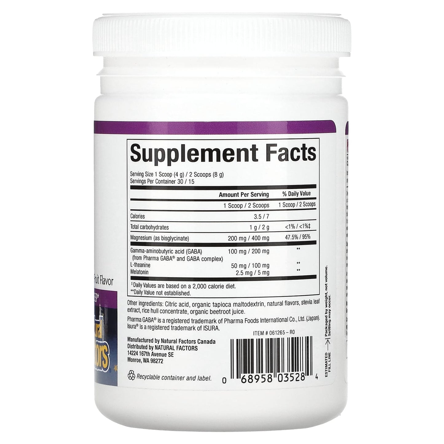 Natural Factors, Stress-Relax, Nighttime Magnesium Bisglycinate with Melatonin, Gaba & L-Theanine, Tropical Fruit, 4.23 oz (1