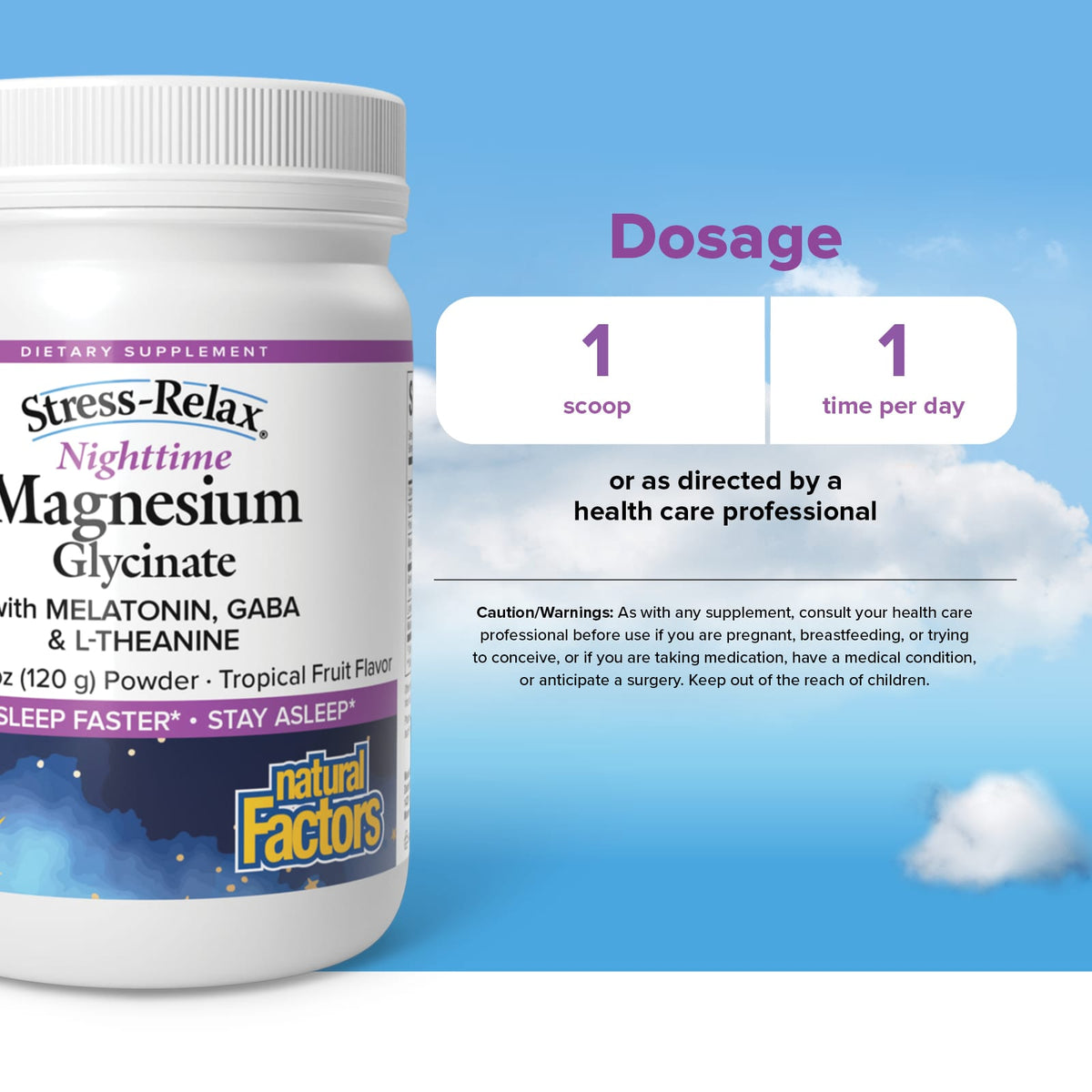 Natural Factors, Stress-Relax, Nighttime Magnesium Bisglycinate with Melatonin, Gaba & L-Theanine, Tropical Fruit, 4.23 oz (1