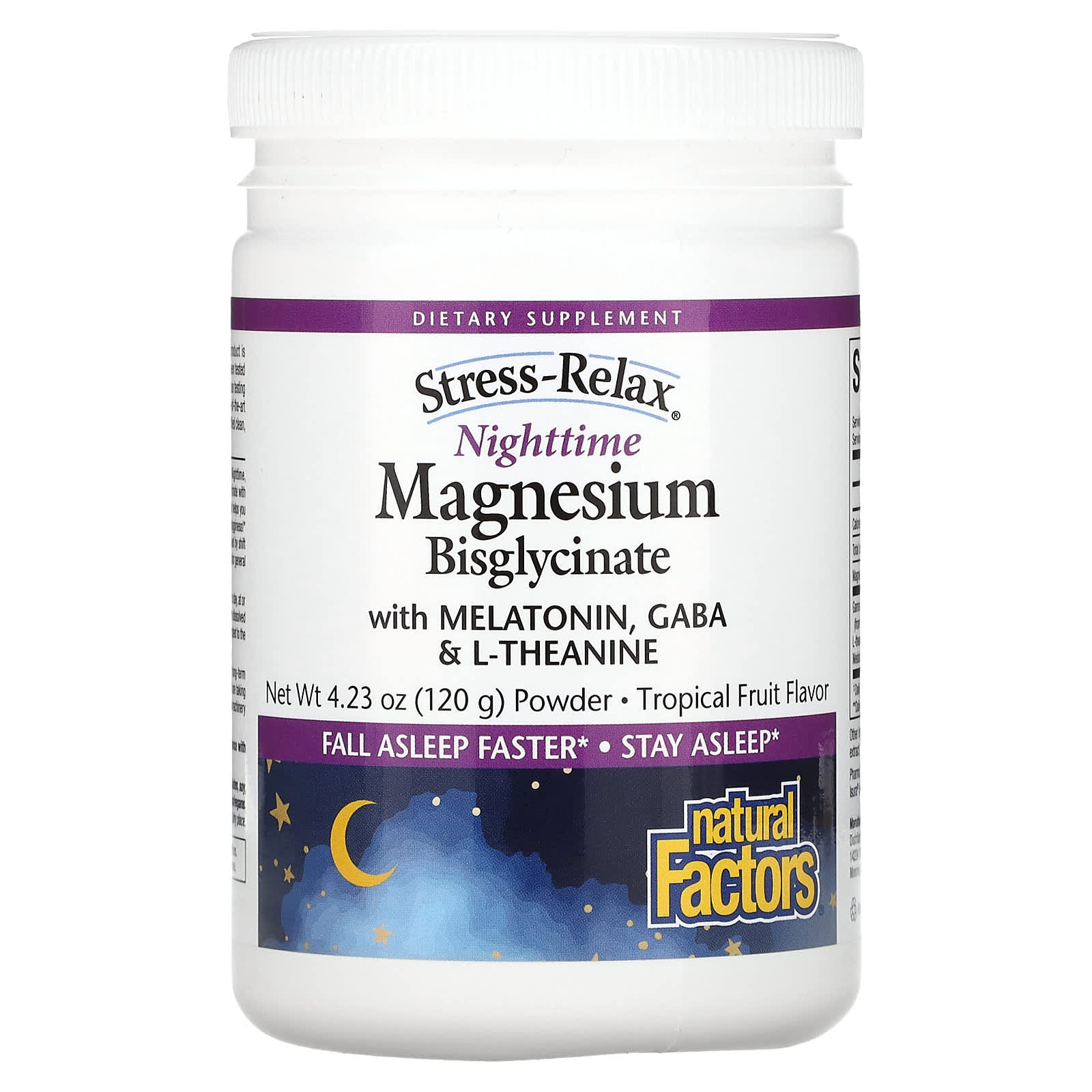 Natural Factors, Stress-Relax, Nighttime Magnesium Bisglycinate with Melatonin, Gaba & L-Theanine, Tropical Fruit, 4.23 oz (1
