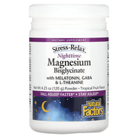 Natural Factors, Stress-Relax, Nighttime Magnesium Bisglycinate with Melatonin, Gaba & L-Theanine, Tropical Fruit, 4.23 oz (1