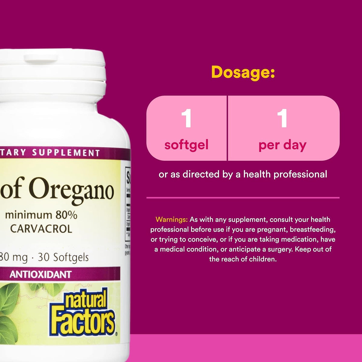 Natural Factors, Oil Of Oregano, 180 mg, 30 Softgels UPC 068958045733 | Hilife Vitamins