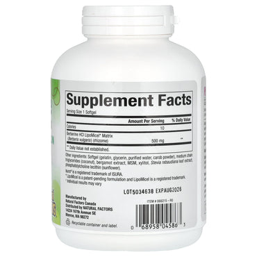 Natural Factors, Berberine LipoMicel Matrix, 500 mg, 90 Liquid Softgels UPC 068958045863 | Hilife Vitamins