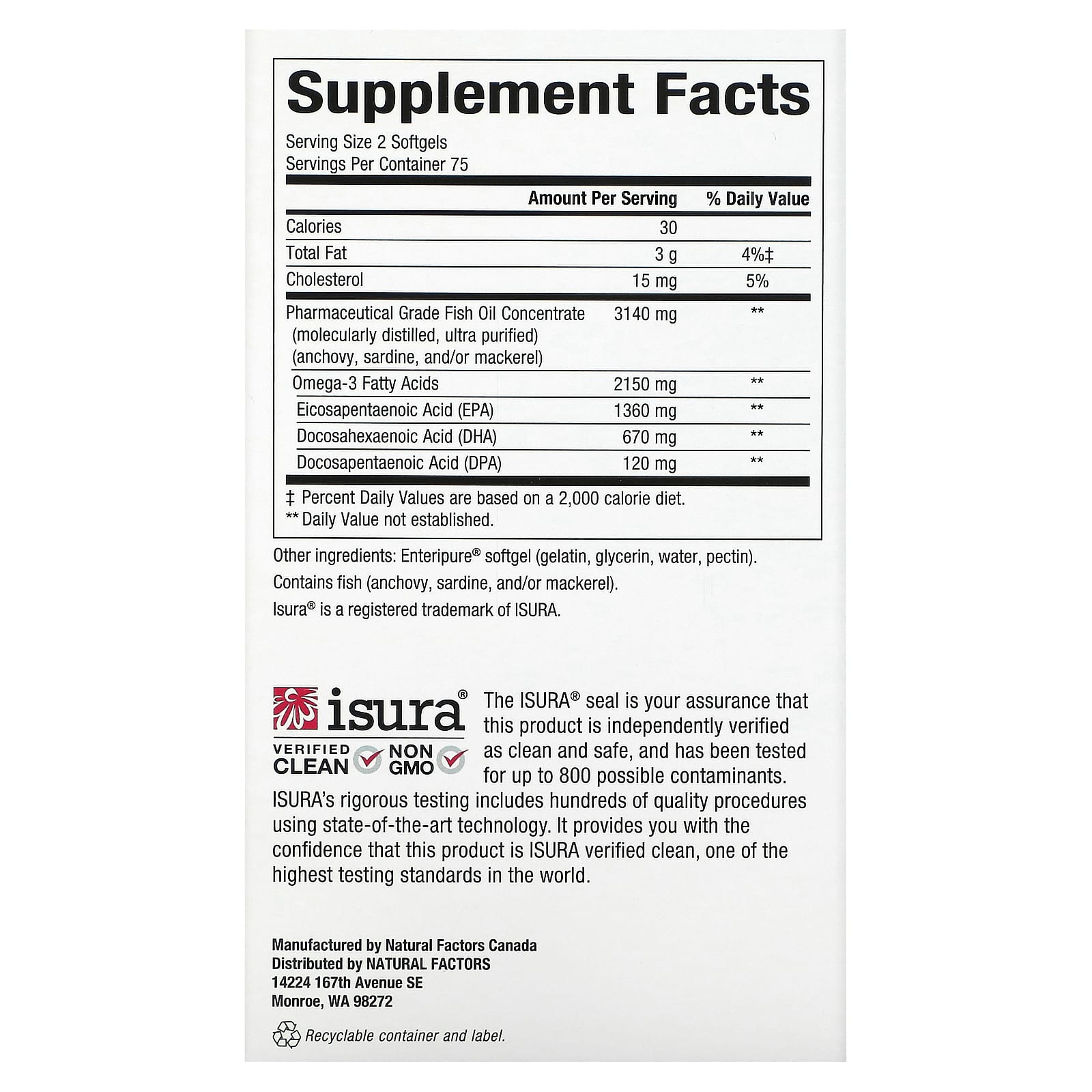 Natural Factors, RxOmega-3 Ultra Strength, 1,075 mg, 150 Softgels UPC 068958354934 | Hilife Vitamins