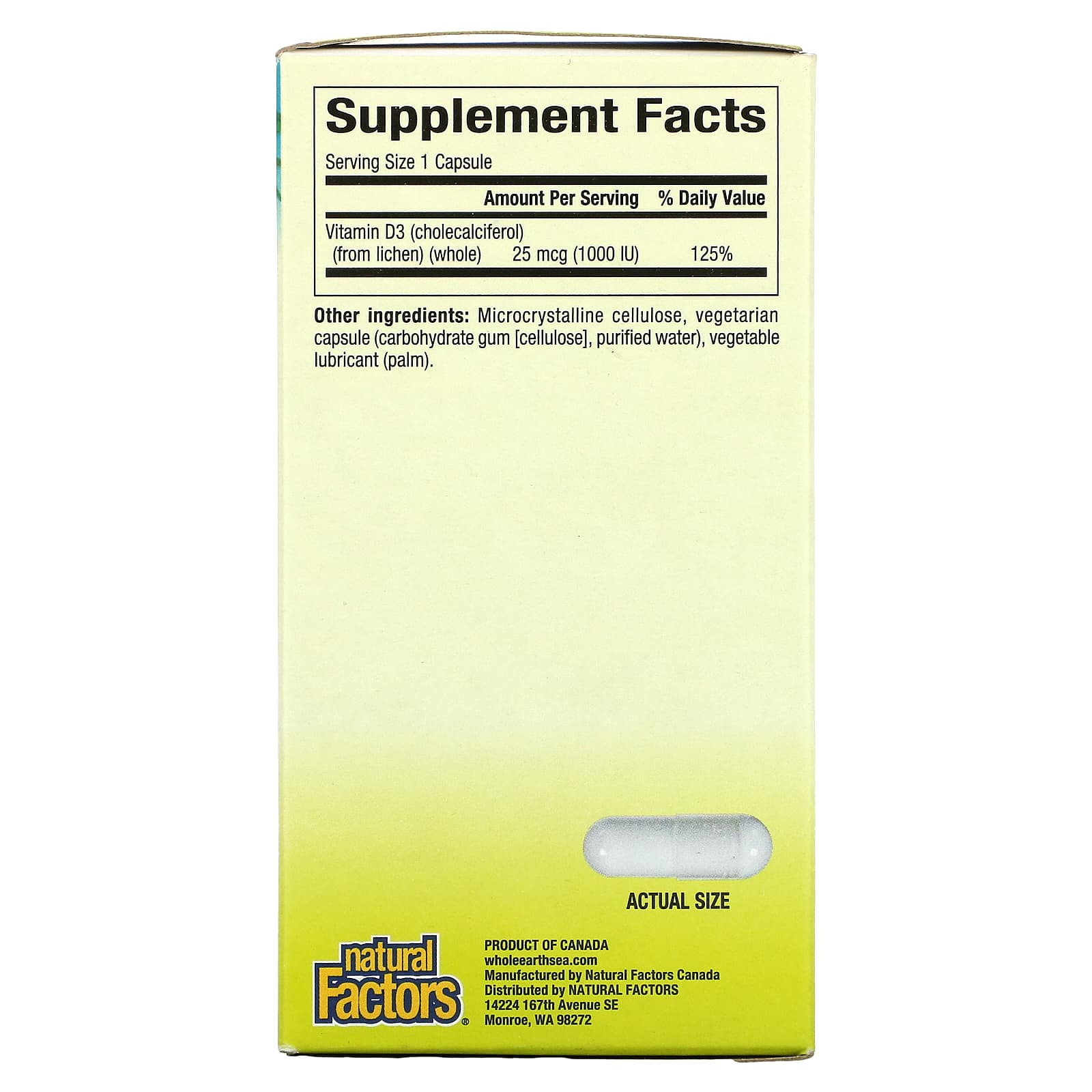 Natural Factors, Whole Earth & Sea, Vegan Bioenhanced Vitamin D3 1,000 IU, 90 Vegetarian Capsules UPC 068958355122
