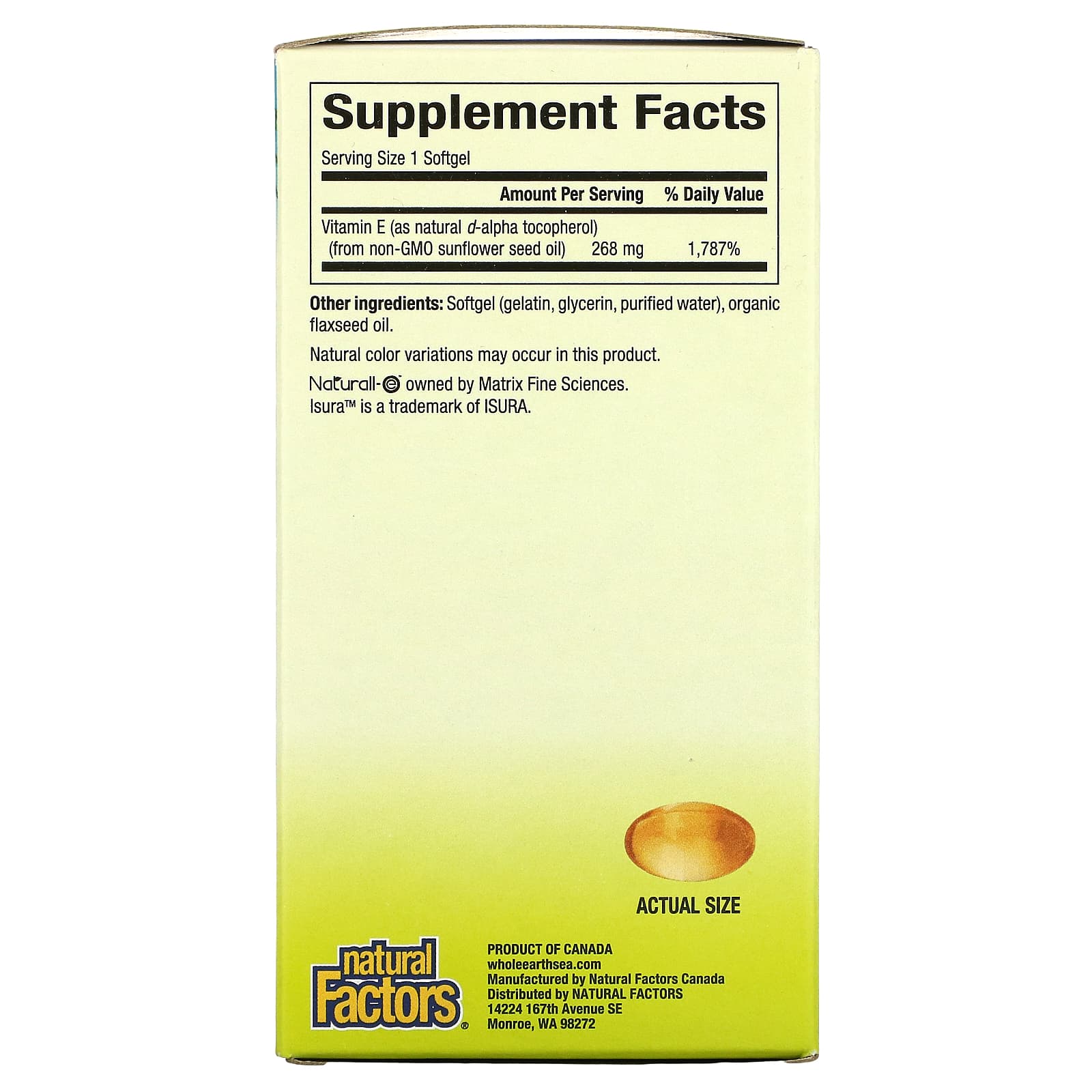 Natural Factors, Whole Earth & Sea, Sunflower Vitamin E 400   IU, 90 Softgels UPC 068958355139 | Hilife Vitamins