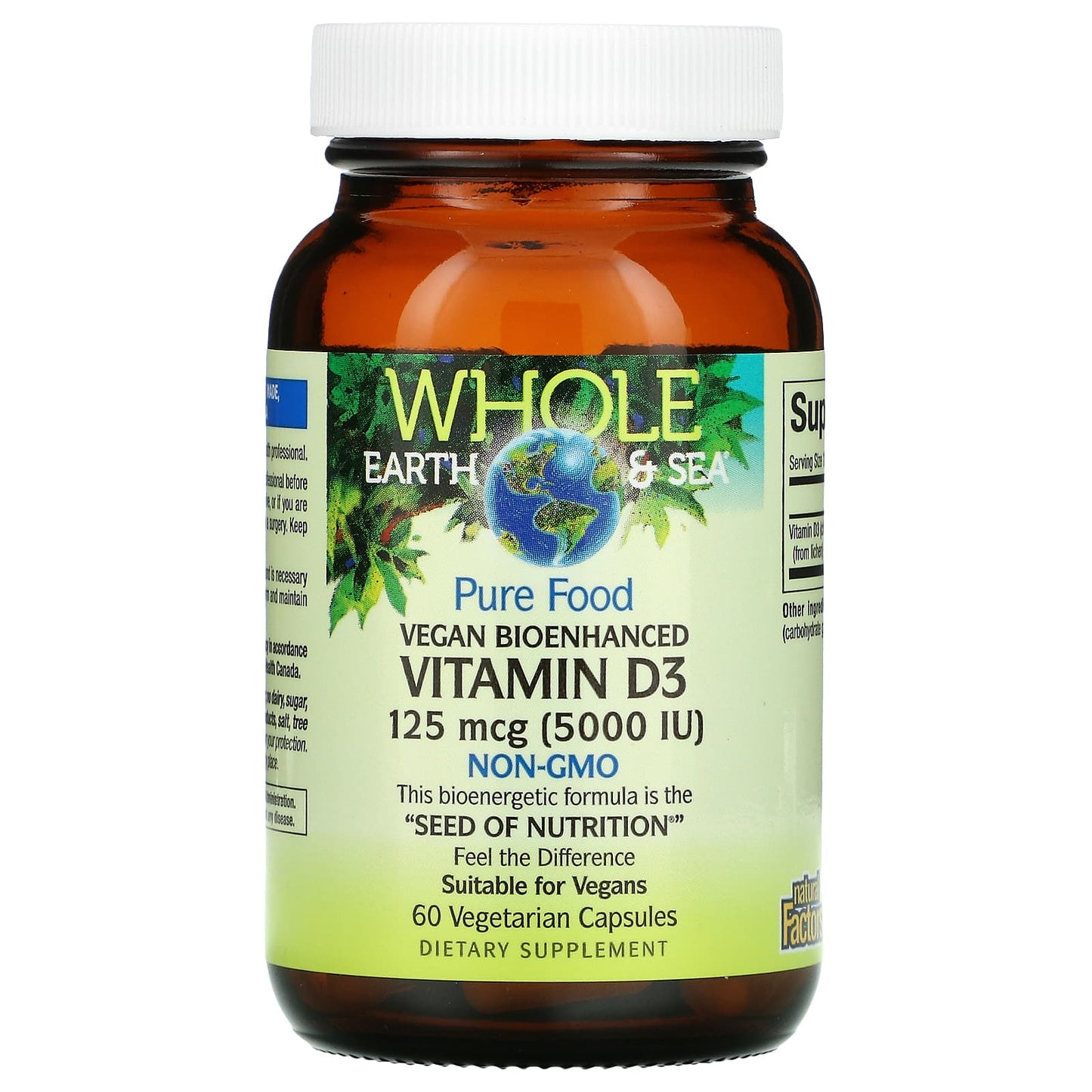 Natural Factors, Whole Earth & Sea, Vegan Bioenhance Vitamin D3 5,000 IU, 60 Capsules UPC 068958355160 | Hilife Vitamins