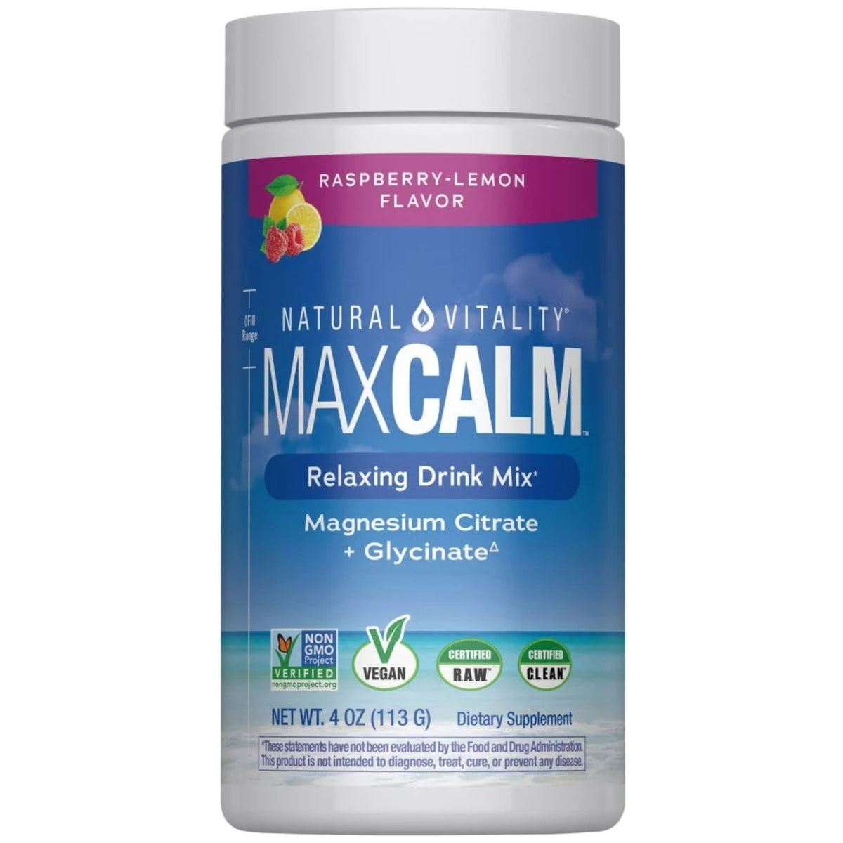 Natural Vitality, MaxCalm® Magnesium Citrate + Glycinate Raspberry-Lemon Flavor Powder, 4 oz (113 G) UPC 183405000094