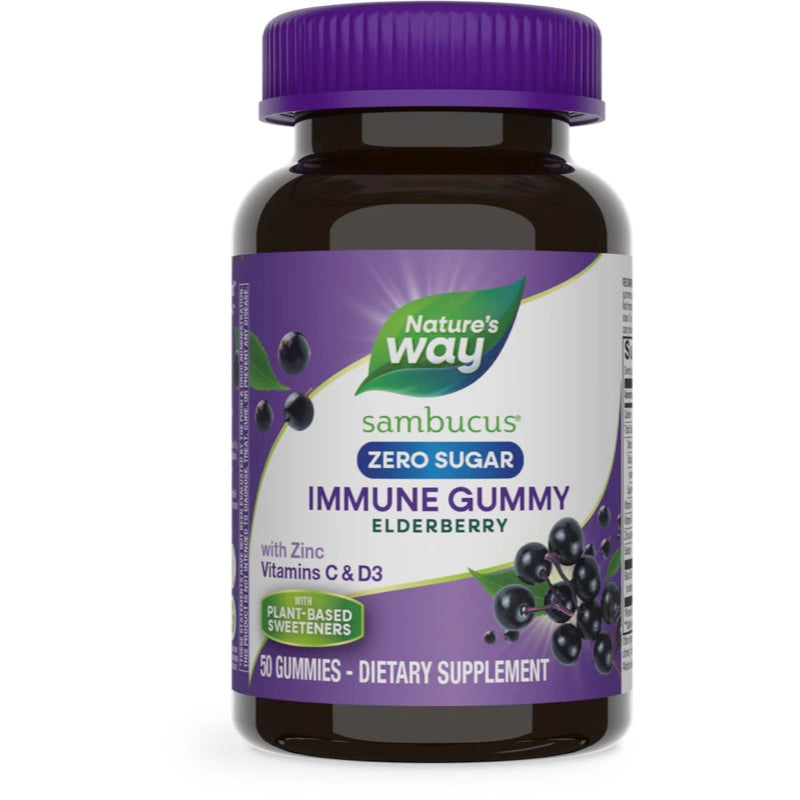 Nature’s Way, Sambucus Zero Sugar Immune Gummy Elderberry with Zinc Vitamin C & D3, 50 Gummies UPC 033674146163