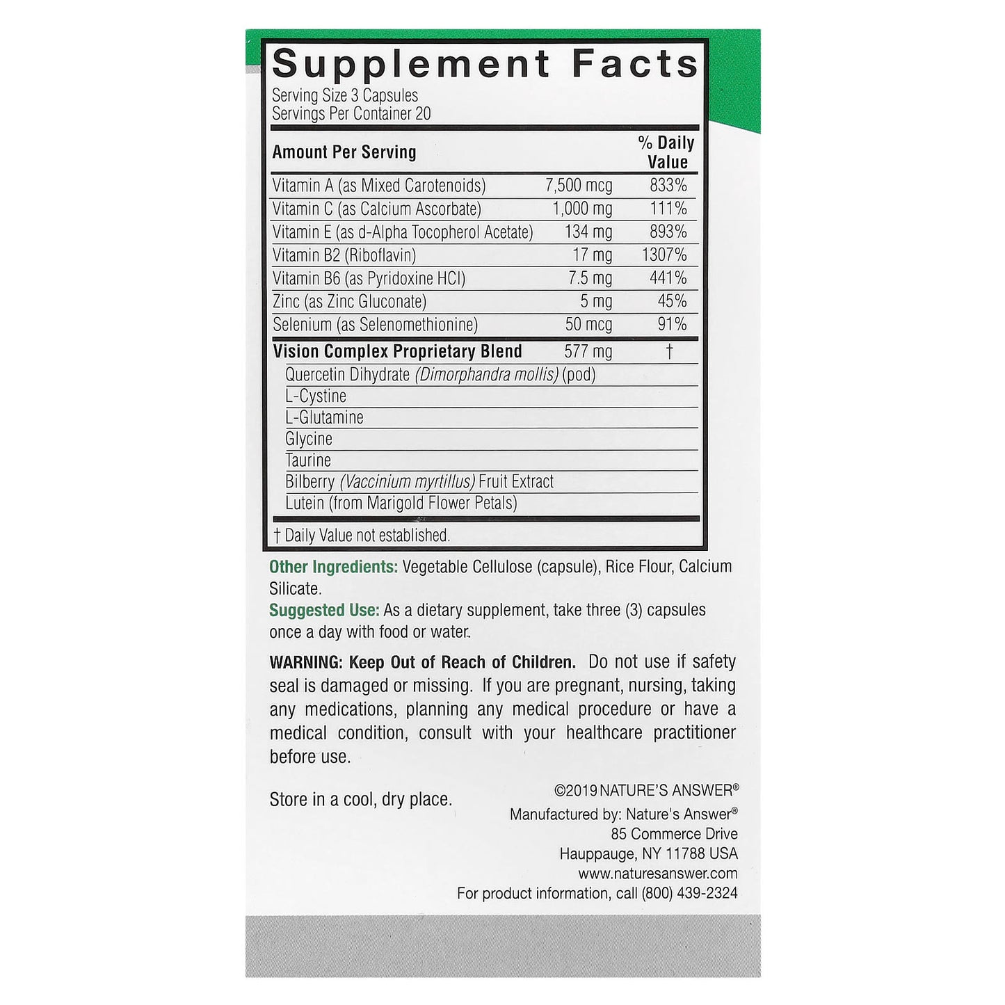 Nature’s Answer, Bilberry Vision Complex, 60 Vegetarian Capsules UPC 083000160110 | Hilife Vitamins