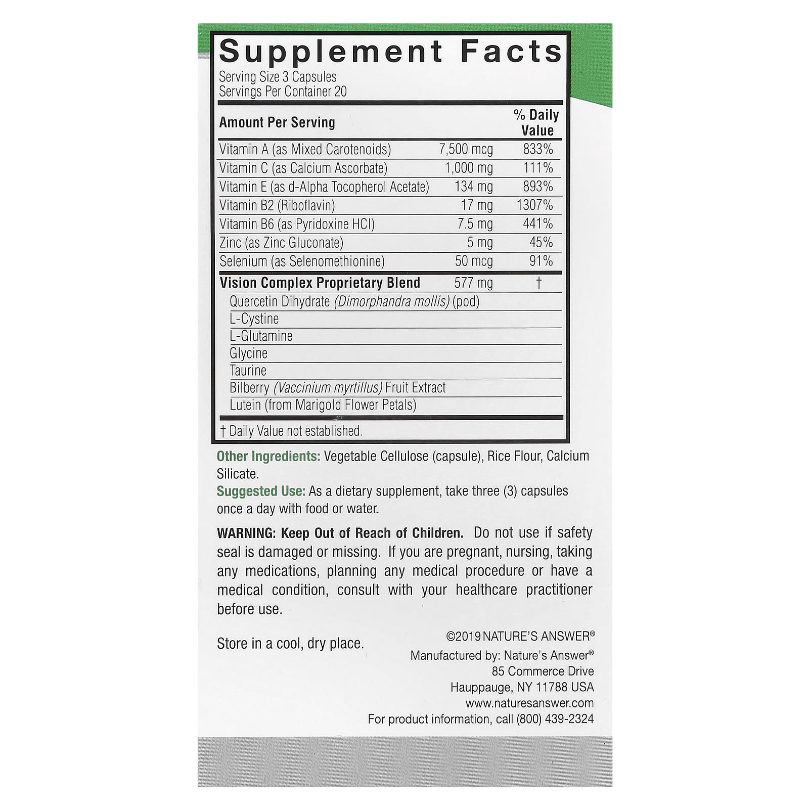 Nature’s Answer, Bilberry Vision Complex, 60 Vegetarian Capsules UPC 083000160110 | Hilife Vitamins