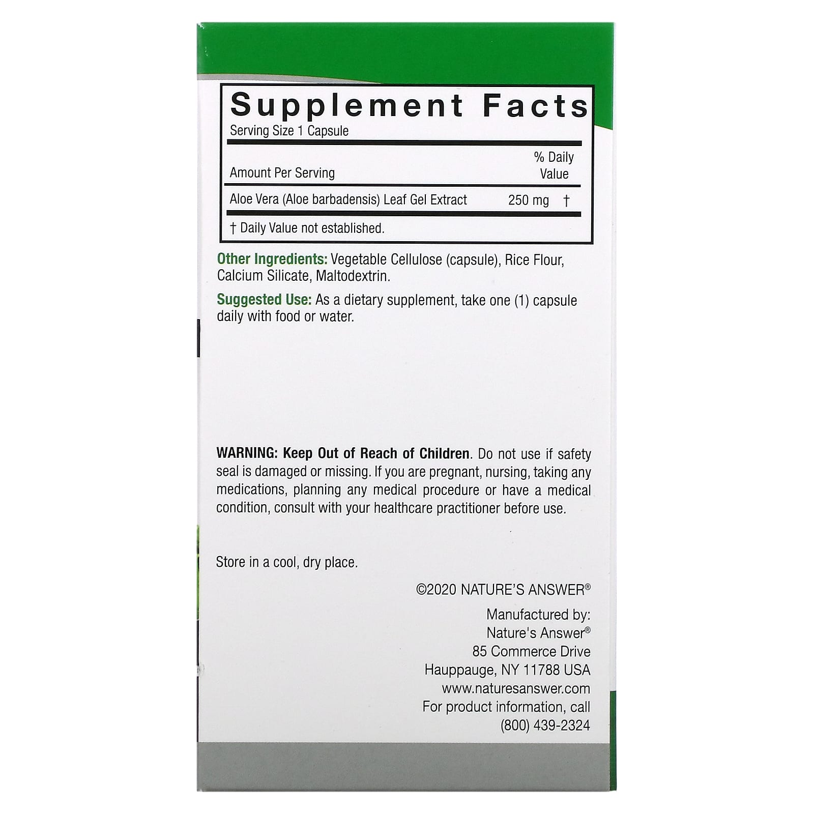 Nature’s Answer, Aloe Vera Phytogel, 90 Capsules UPC 083000161148 | Hilife Vitamins