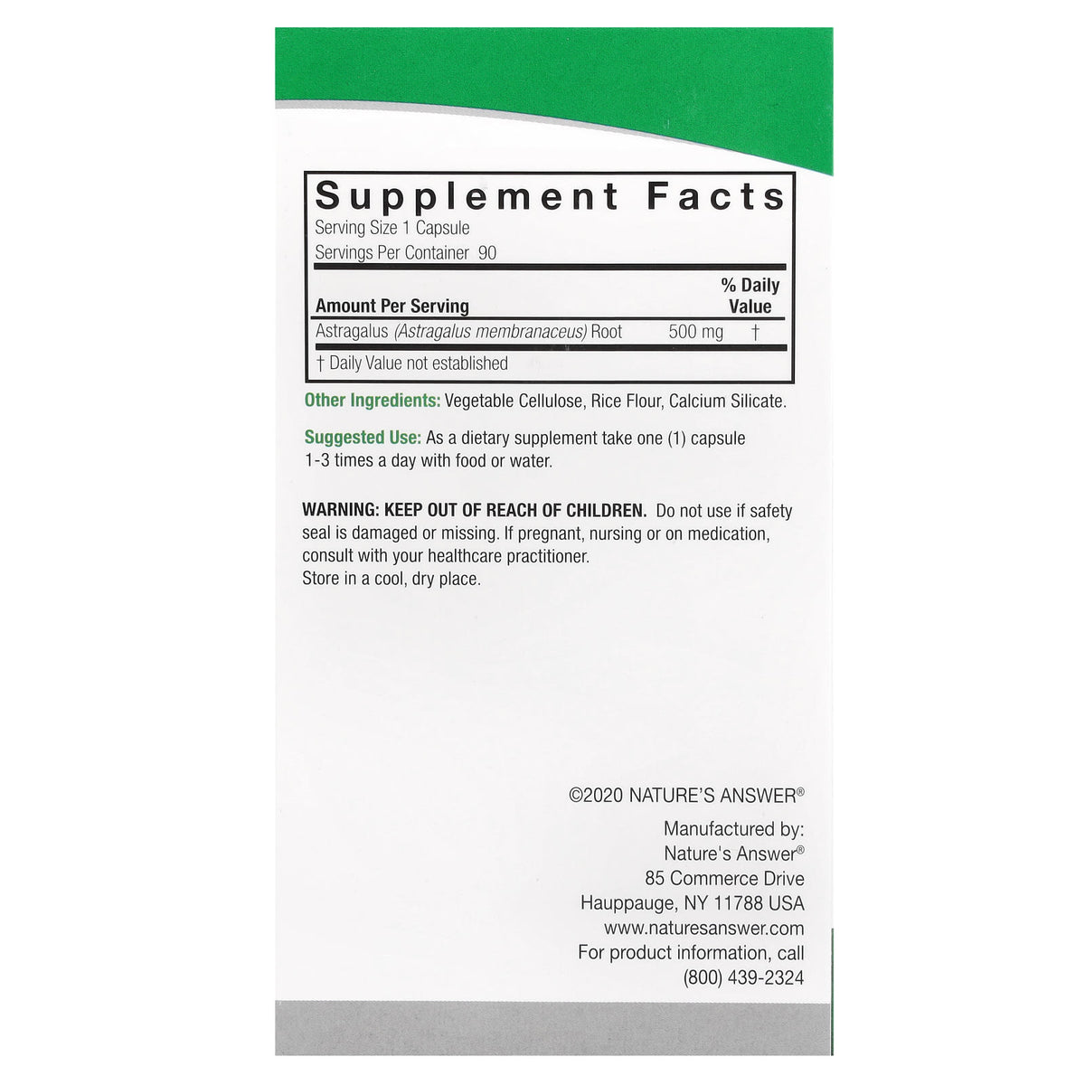 Nature’s Answer, Astragalus, 500 mg, 90 Vegetarian Capsules UPC 083000161186 | Hilife Vitamins