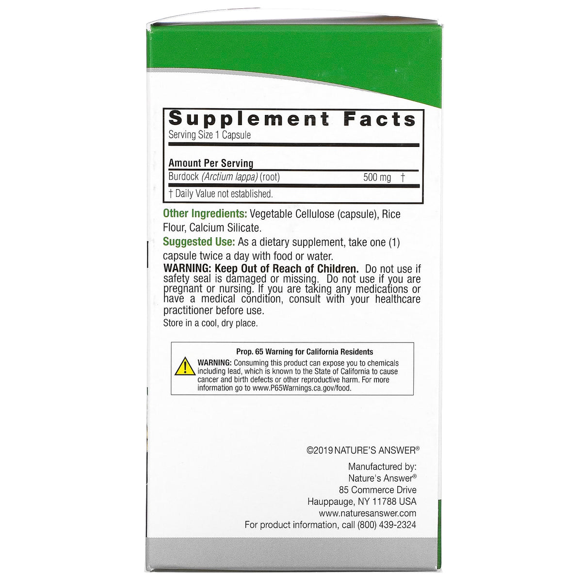 Nature’s Answer, Burdock, Full Spectrum Herb, 500 mg, 90 Vegetarian Capsules UPC 083000161346 | Hilife Vitamins