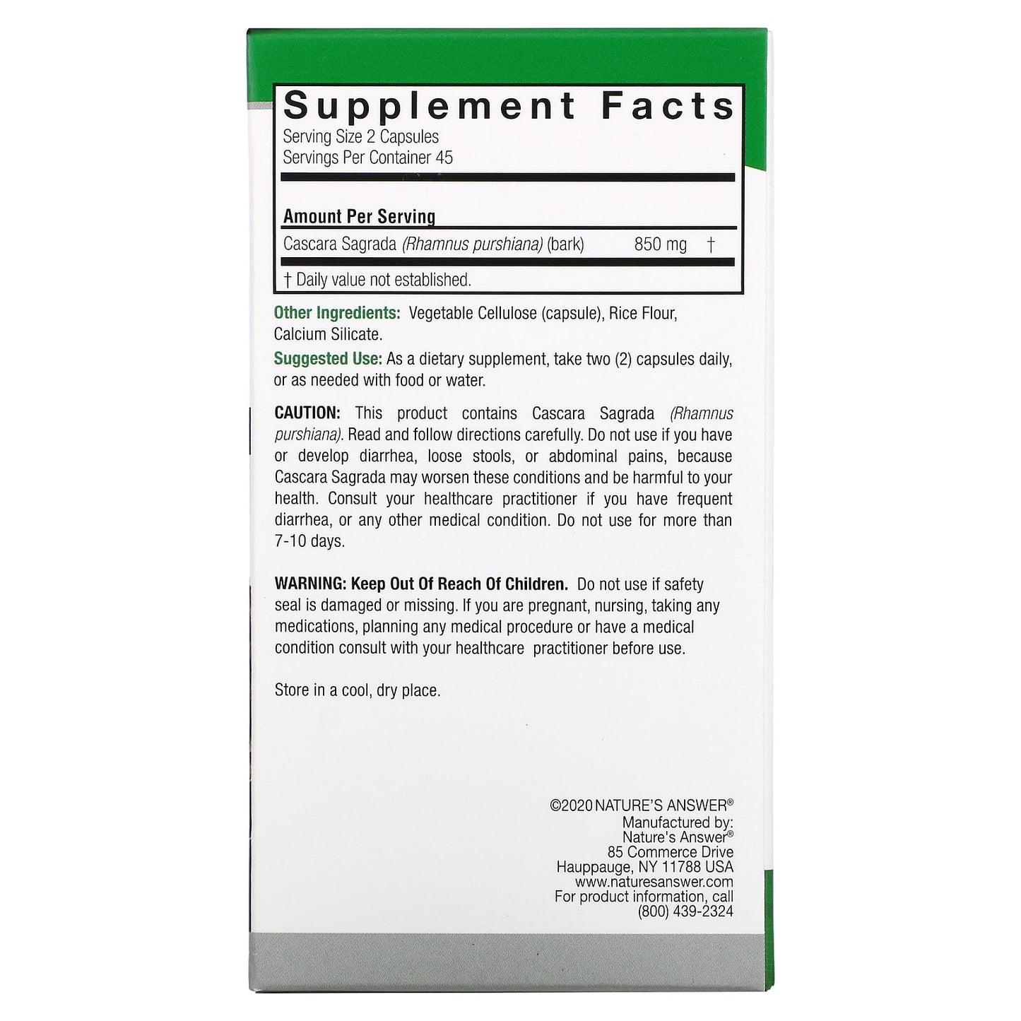 Nature’s Answer, Cascara Sagrada Bark, 90 Capsules UPC 083000161421 | Hilife Vitamins