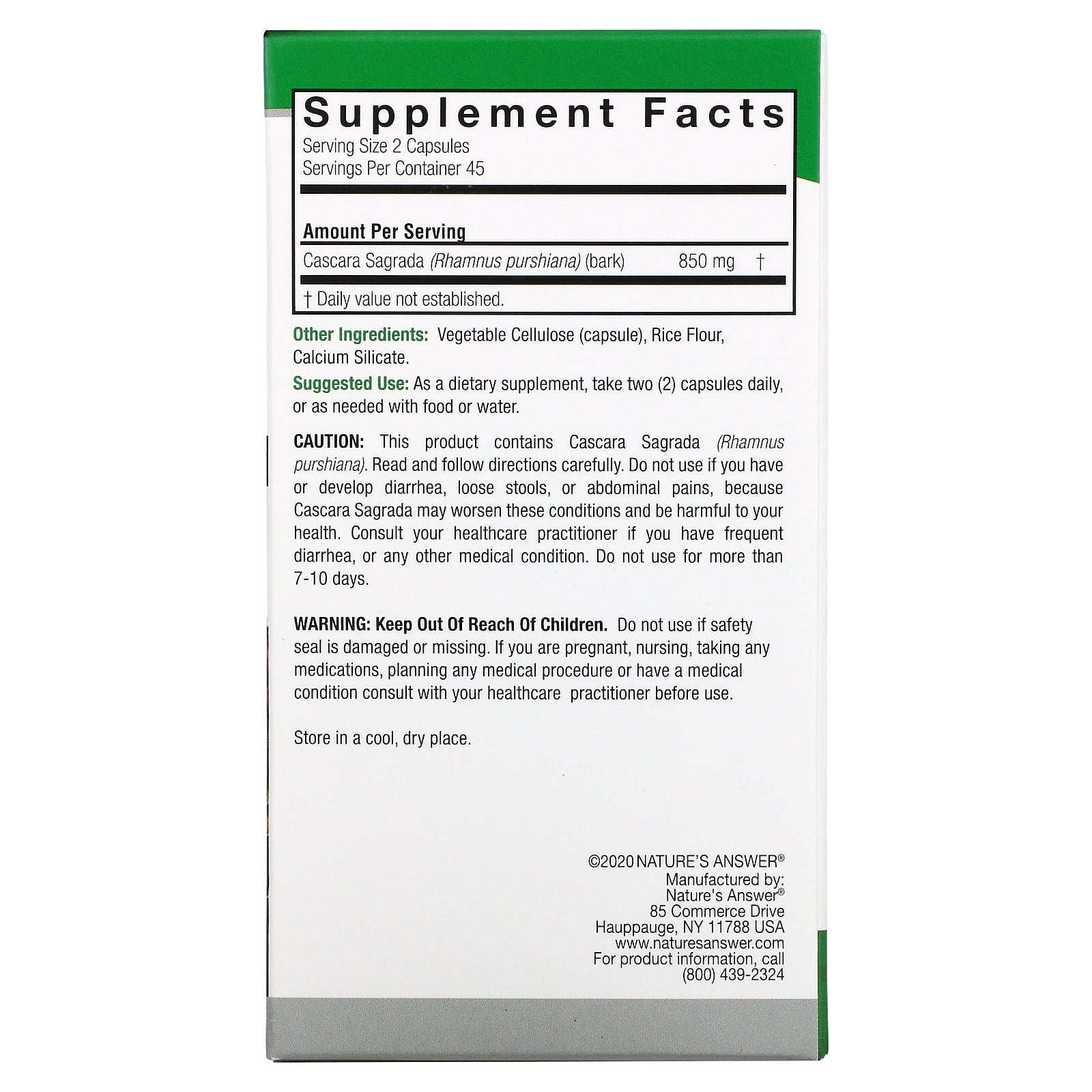 Nature’s Answer, Cascara Sagrada Bark, 90 Capsules UPC 083000161421 | Hilife Vitamins