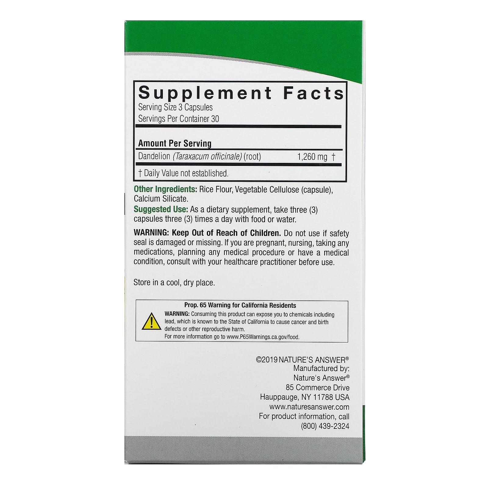 Nature’s Answer, Dandelion Root, 90 Capsules UPC 083000161667 | Hilife Vitamins