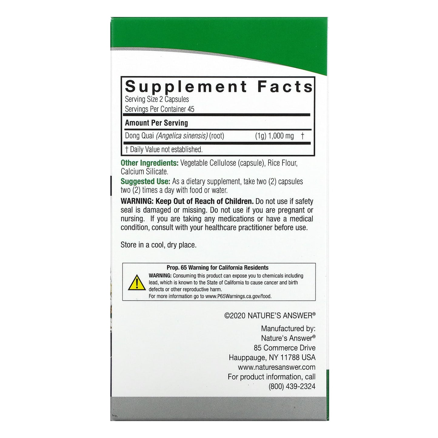 Nature’s Answer, Dong Quai Root, 90 Capsules UPC 083000161704 | Hilife Vitamins