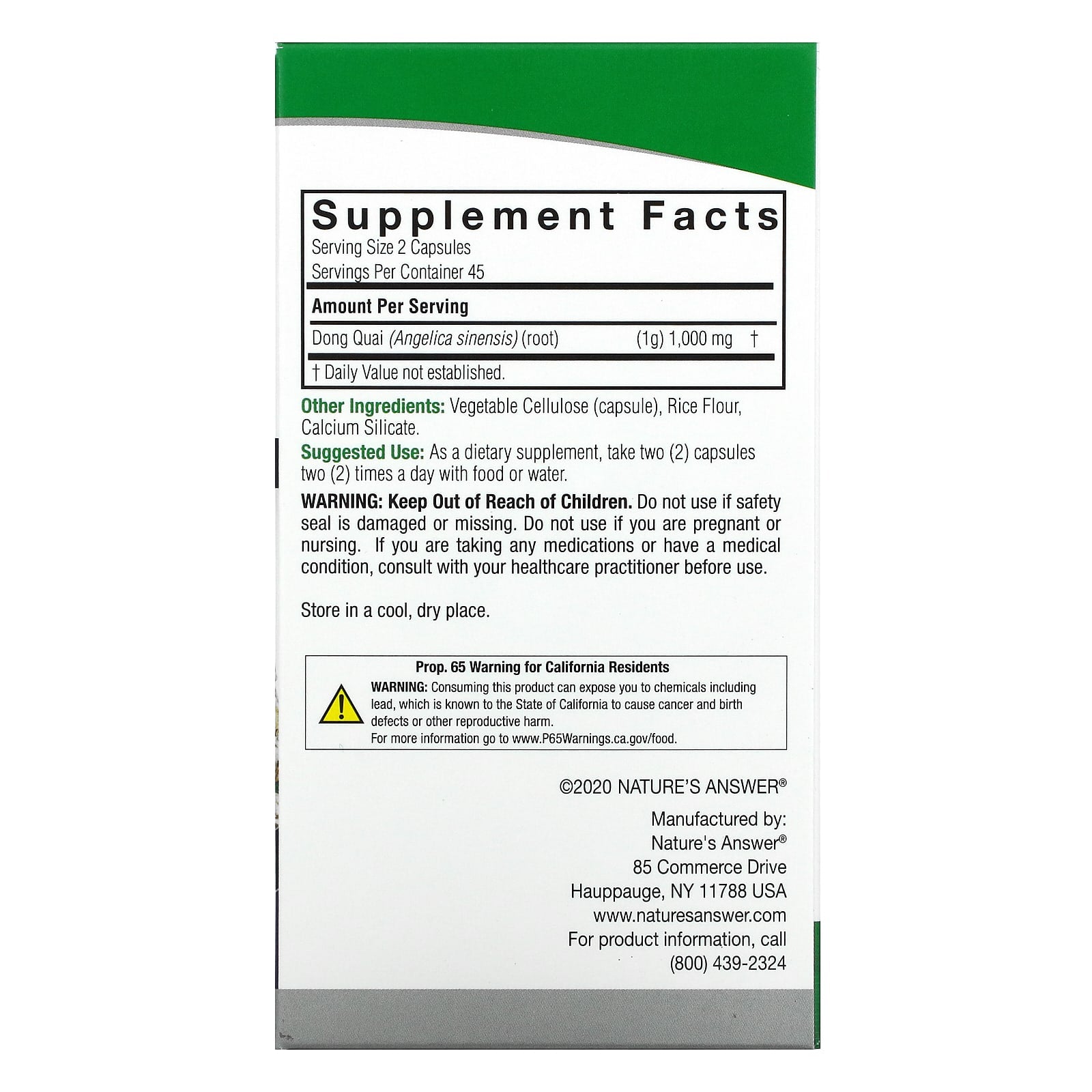 Nature’s Answer, Dong Quai Root, 90 Capsules UPC 083000161704 | Hilife Vitamins