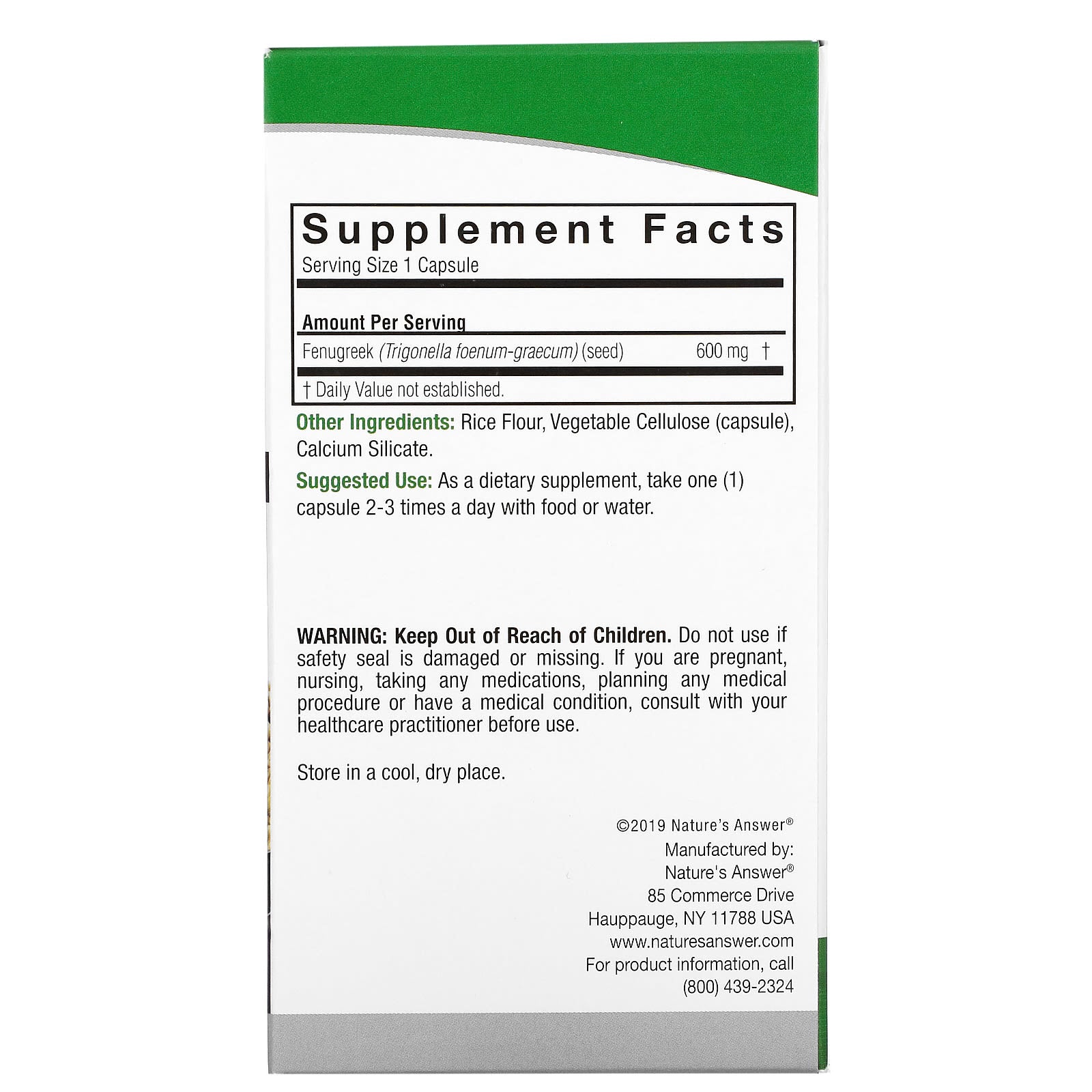 Nature’s Answer, Fenugreek Seed, 90 Capsules UPC 083000162145 | Hilife Vitamins