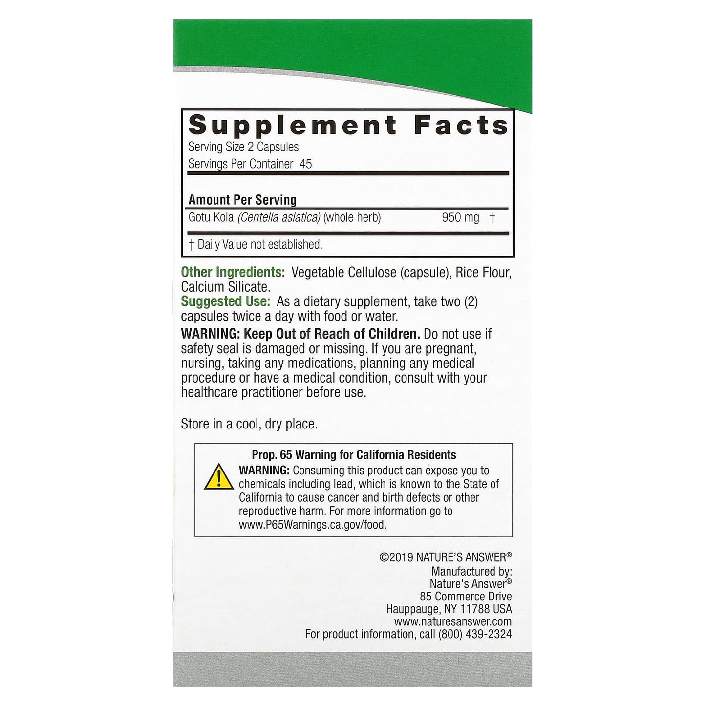 Nature’s Answer, Gotu-Kola Herb, 90 Capsules UPC 083000162626 | Hilife Vitamins
