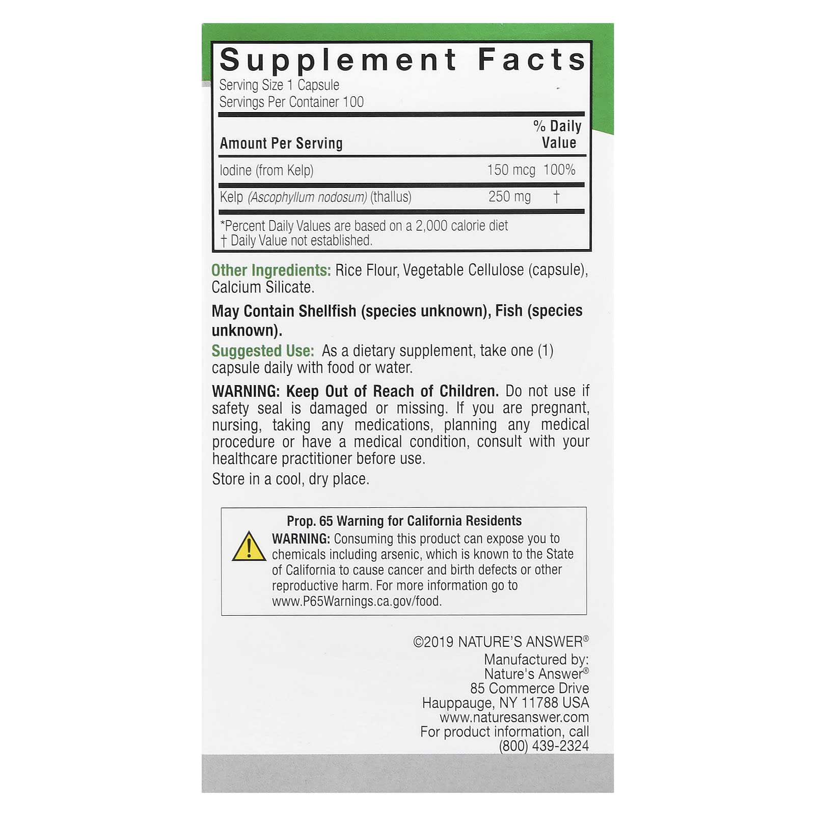Nature’s Answer, Kelp Thallus, 100 Capsules UPC 083000162909 | Hilife Vitamins
