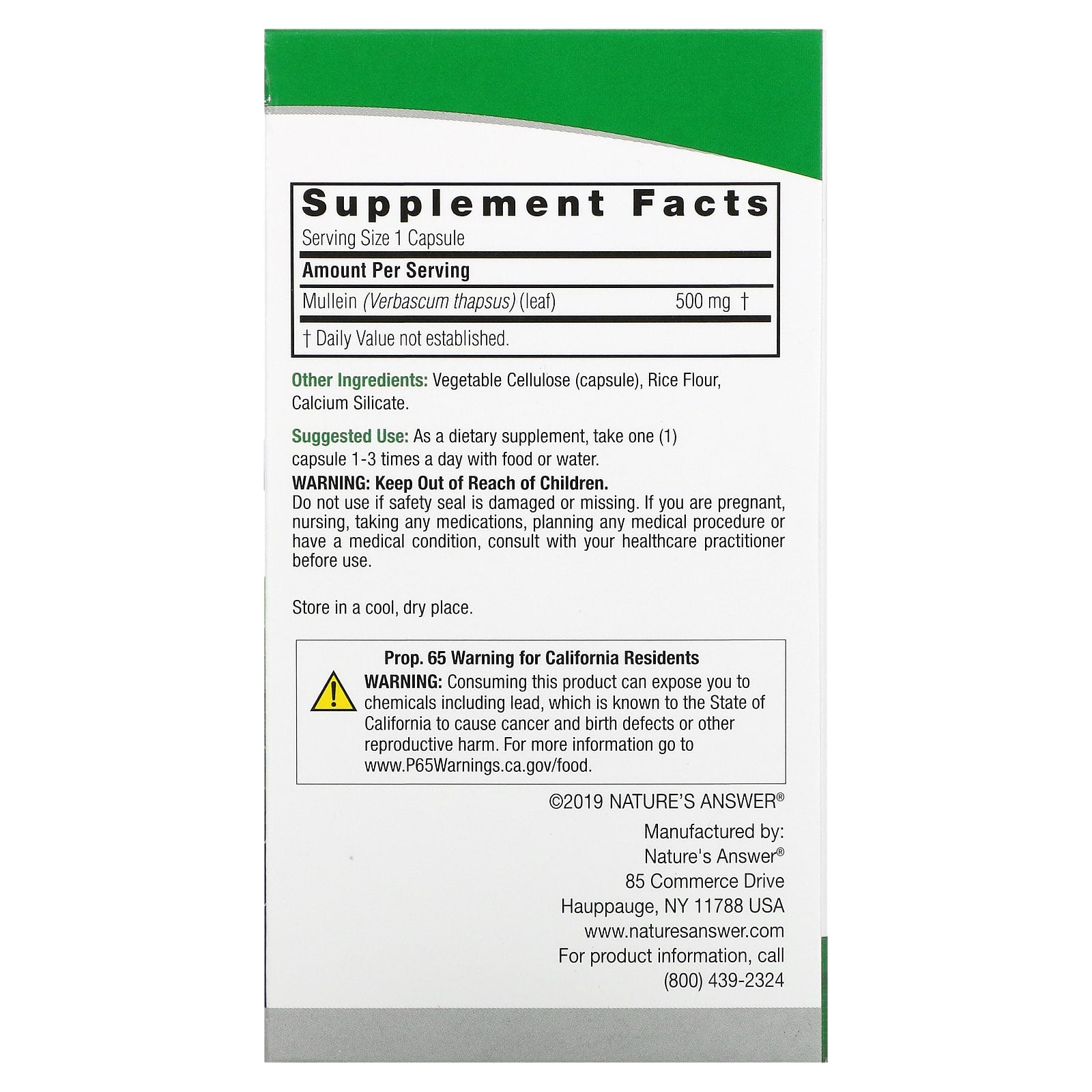 Nature’s Answer, Mullein Leaf, 90 Capsules UPC 083000162985 | Hilife Vitamins